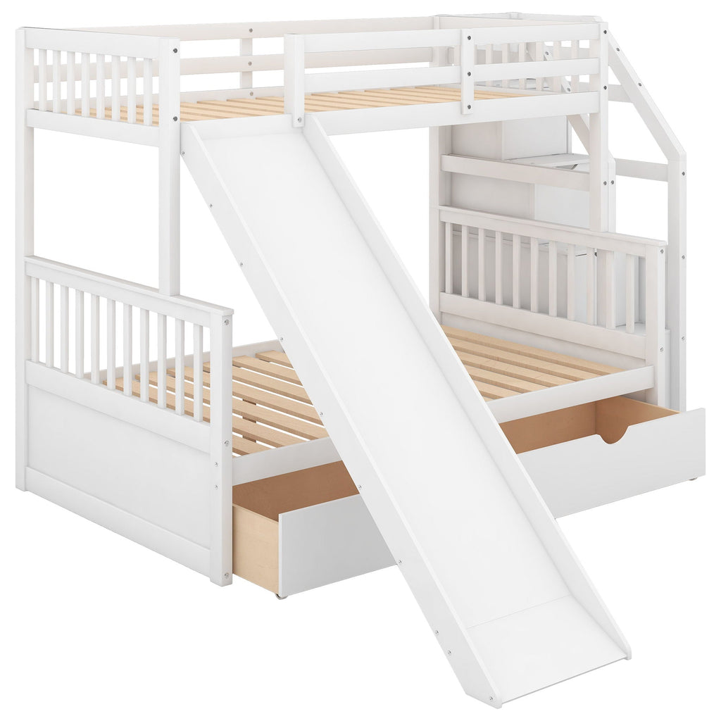 Bunk Bed with Storage Staircase, Slide & Desk - Twin or Full - Dark Gray or White