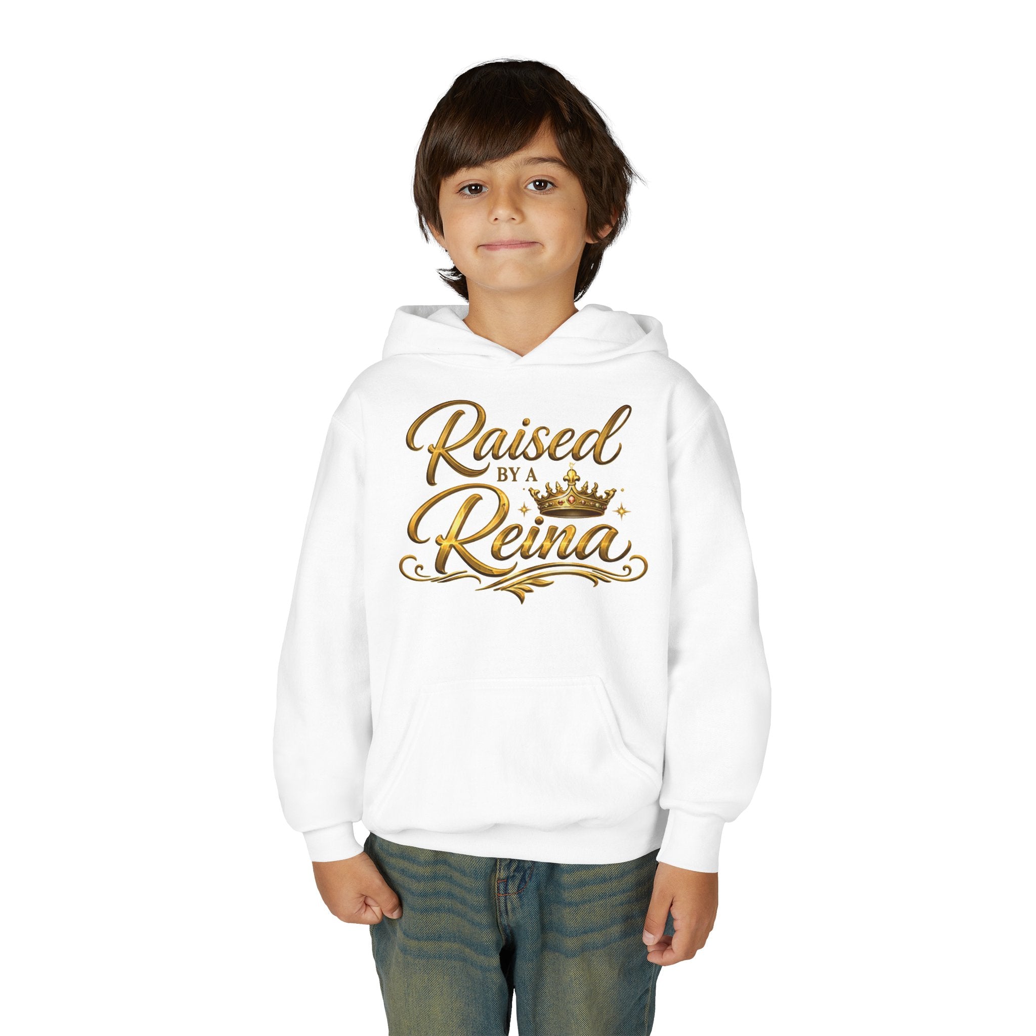 Raised by a Reina Hoodie | Gold Script Crown Youth Hoodie