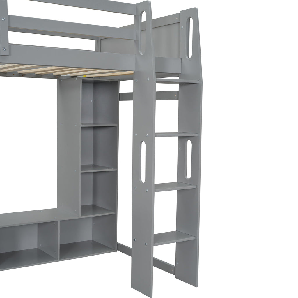 Gaming Loft Bed with Desk and Storage Shelves – LED Lighting – Black or Dark Gray