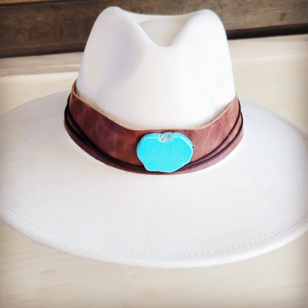 Wide Genuine Leather Cognac Hat Band w/ Turq 954m