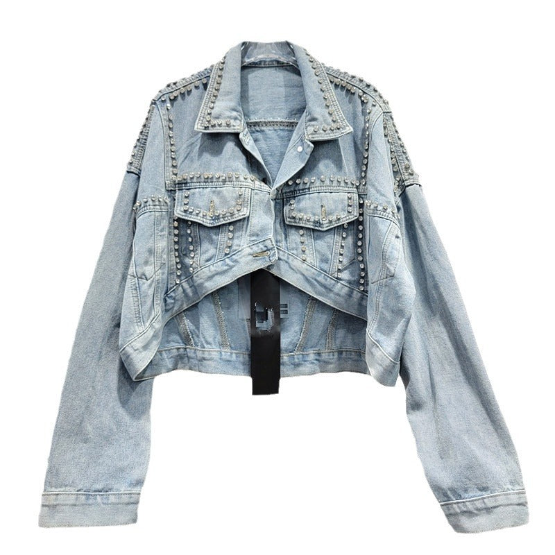 Women's Denim Jackets Long Sleeve Irregular Diamonds Single Breasted Loose Washed Coats  Autumn New Fashion