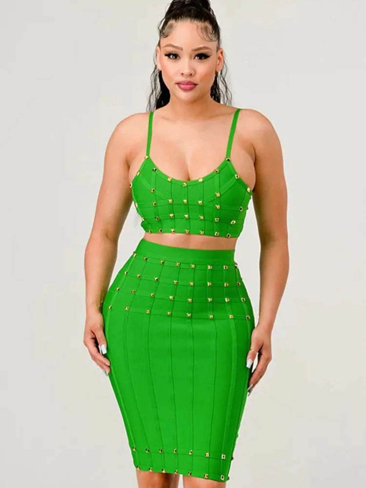 Blue Rivet Bandage Skirt Set
