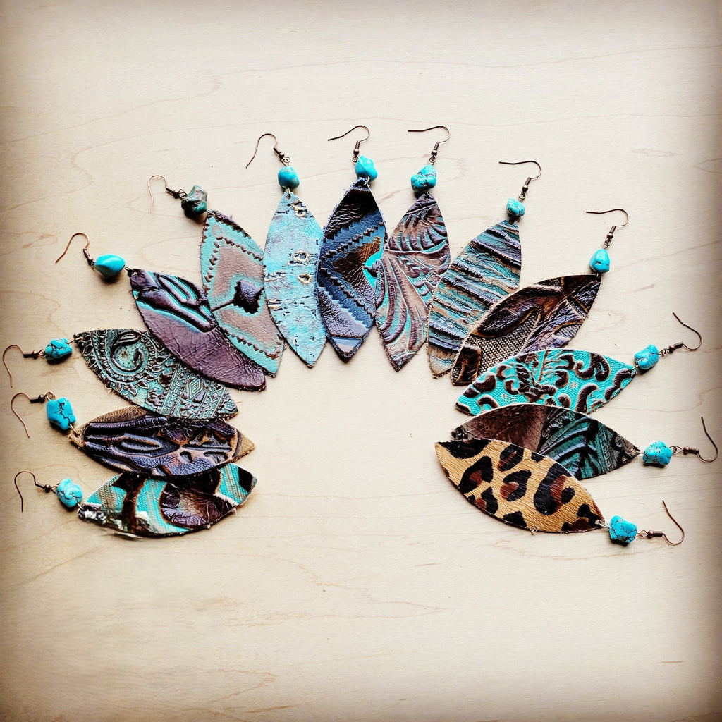 Leather Narrow Oval Earrings in Navajo w/ Turquoise Accent 206o