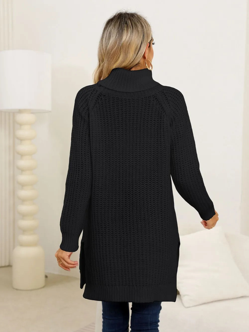 Slit Turtleneck Long-Sleeve Sweater