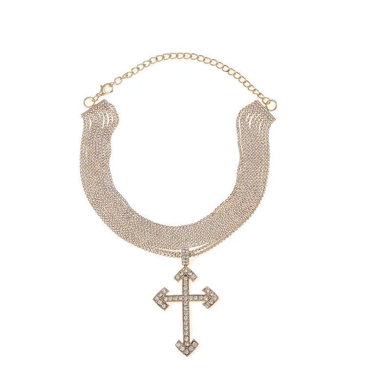 Rhinestone Cross Statement Choker Necklace