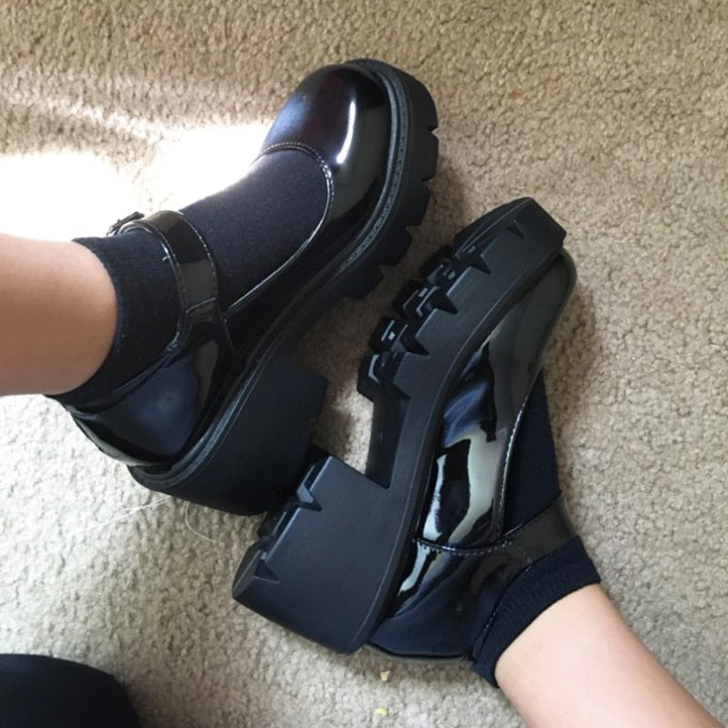 Rimocy Black Patent Platform Mary Jane Heels