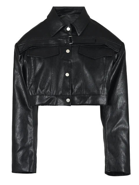 Loose Fit Black Pu Leather Big Size Short Jacket New Lapel Long Sleeve Women Coat Fashion Tide Spring Autumn