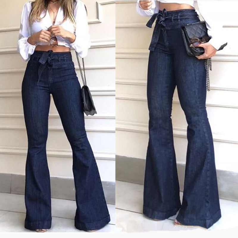 High-Waisted Hip-Lifting Belted Slim Fit Flared Jeans for Women