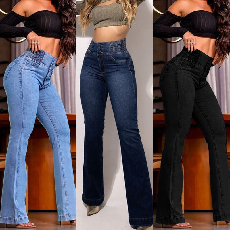 Elastic Waist High-Waisted Stretch Slim Fit Flared Butt-Lifting Denim Pants