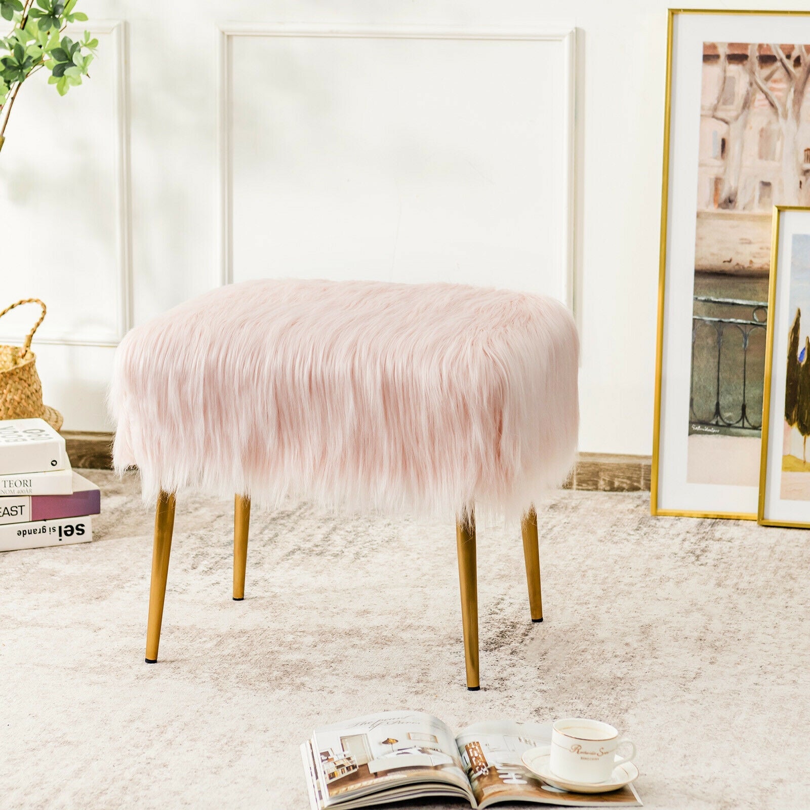 Faux Fur Vanity Stool with Golden Metal Legs for Makeup Room