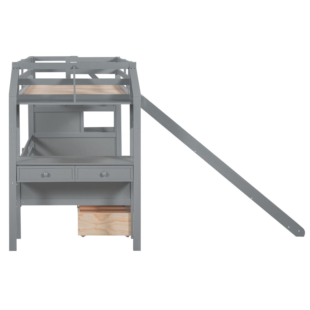 Bunk Bed with Storage Staircase, Slide & Desk - Twin or Full - Dark Gray or White