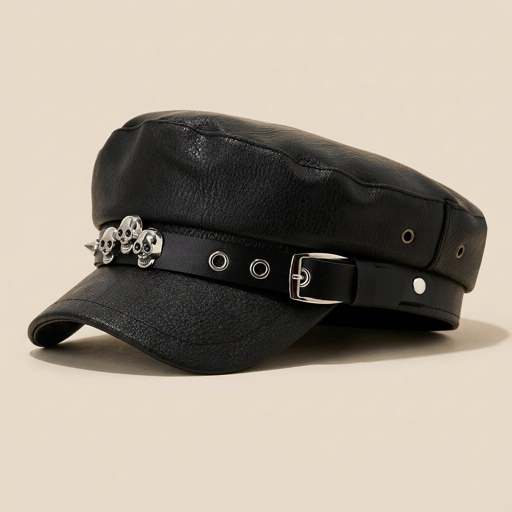Skull-Rivet Faux-Leather Newsboy Cap