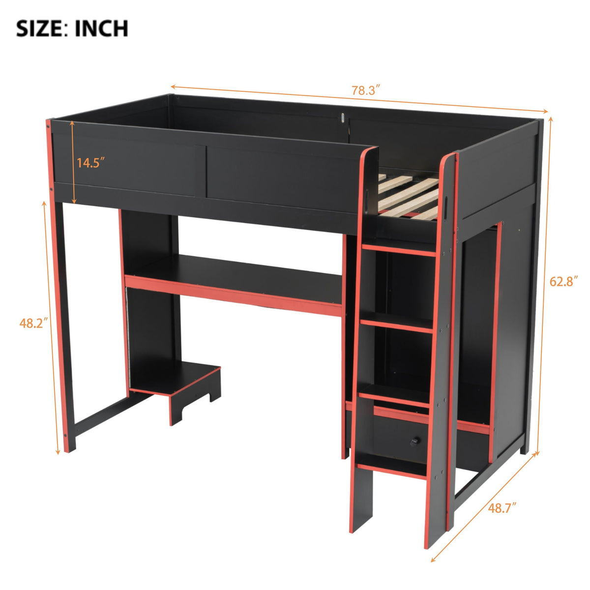 Gaming Loft Bed with Built-In Desk, Wardrobe & LED Lighting - Black
