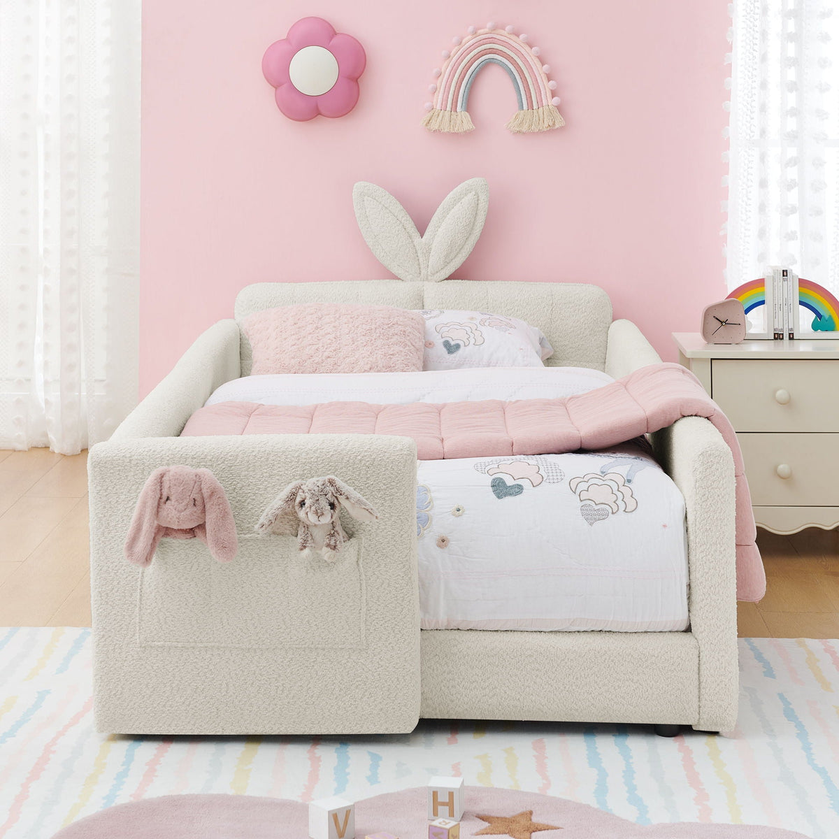Cute Rabbit Ear Upholstered Platform Bed Frame with Safety Rail - Multiple Colors