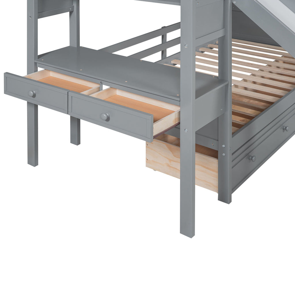 Bunk Bed with Storage Staircase, Slide & Desk - Twin or Full - Dark Gray or White
