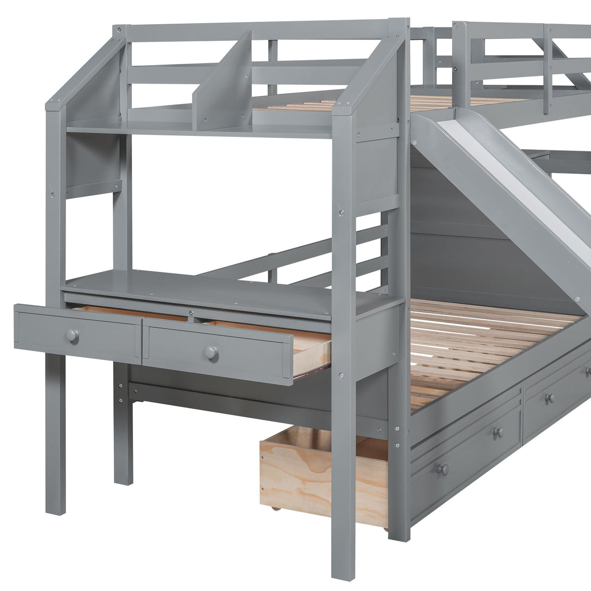 Bunk Bed with Storage Staircase, Slide & Desk - Twin or Full - Dark Gray or White
