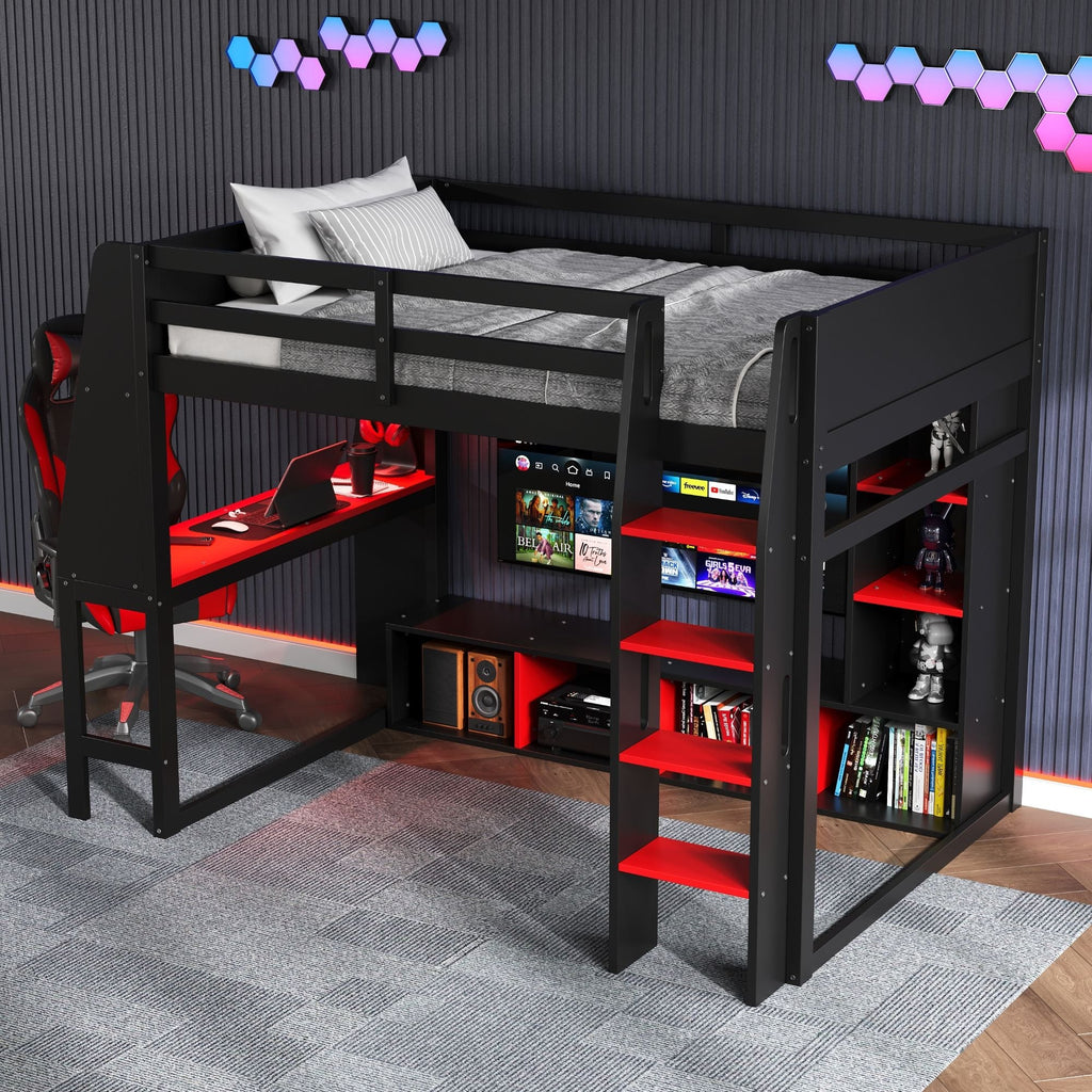 Gaming Loft Bed with Desk and Storage Shelves – LED Lighting – Black or Dark Gray