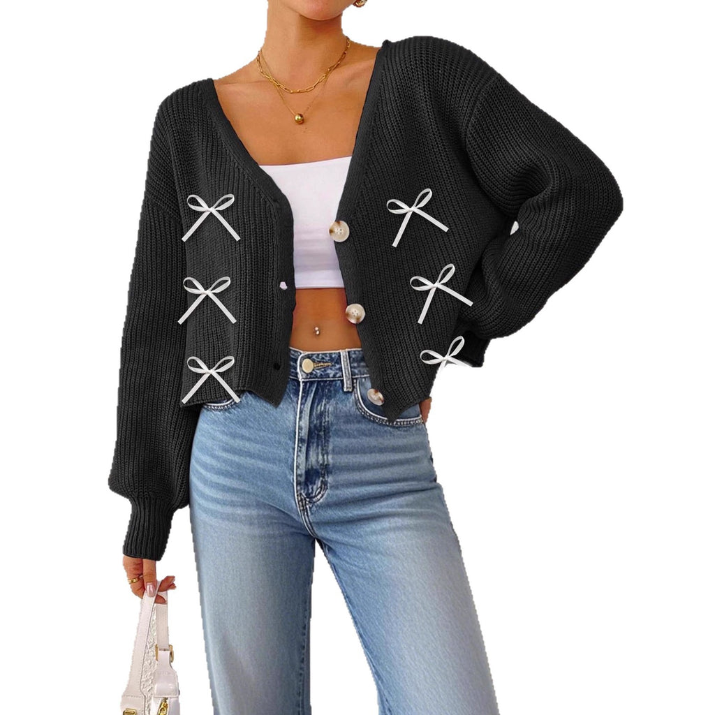 Bow Detail Cropped V-Neck Cardigan