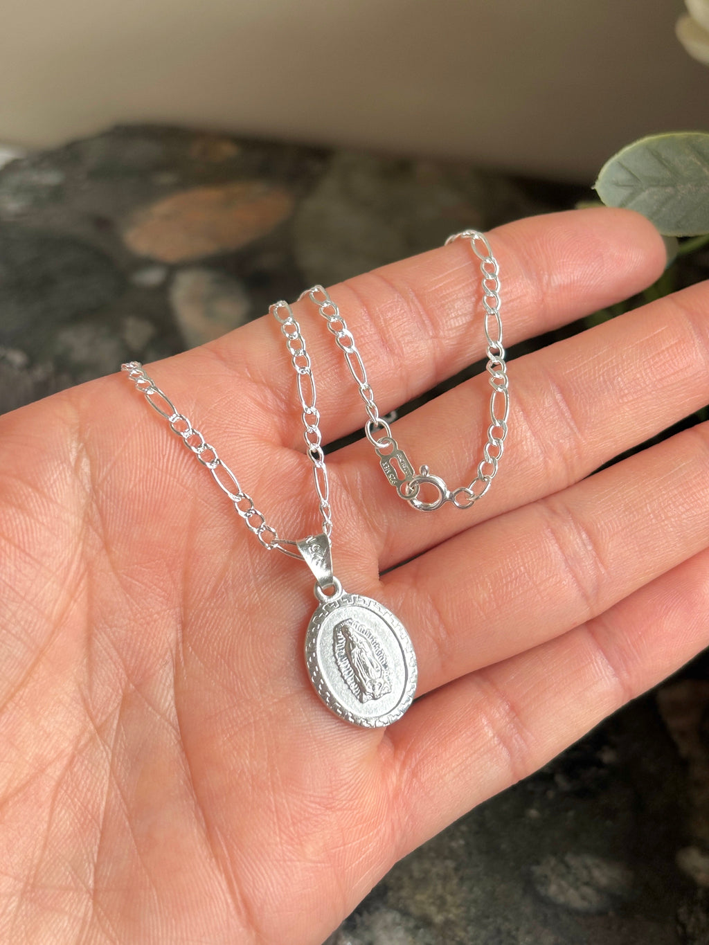 Virgin Mary Necklace sterling silver 925 | Figaro chain necklace 19”| Virgencita necklace