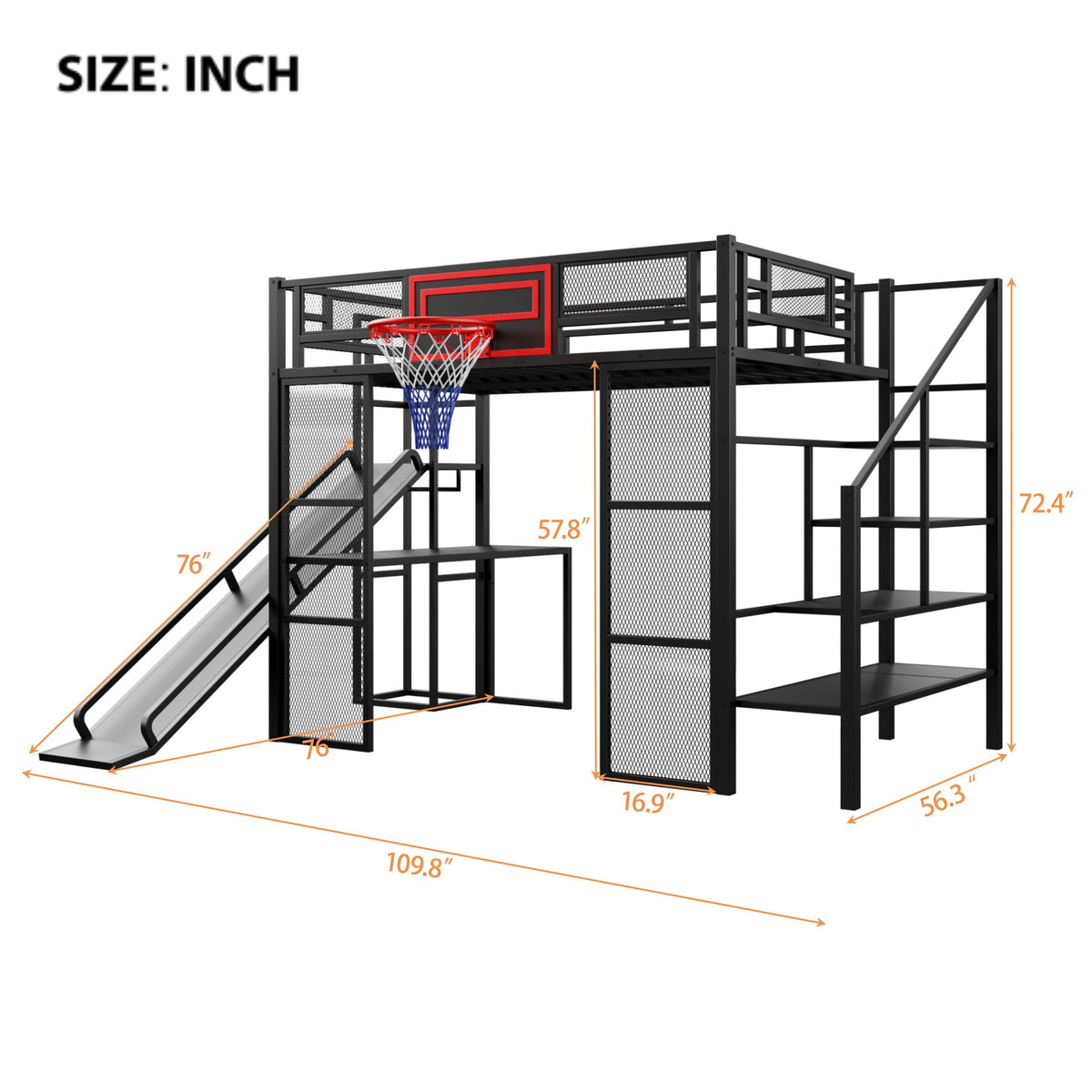 Full Loft Bed with Built-In Desk, Slide & Storage - Black or White