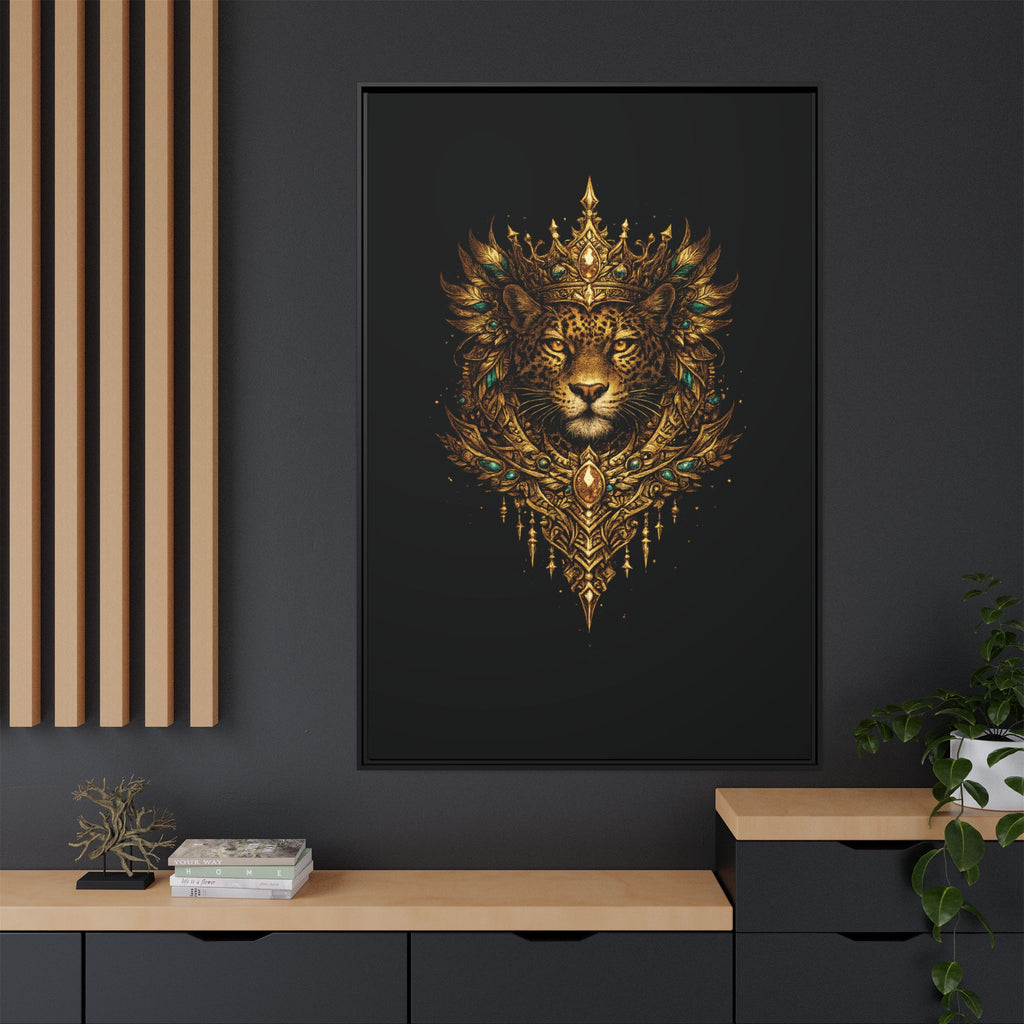 Golden Crowned Jaguar Canvas Art — Gold Crowned Lion Matte Framed Print