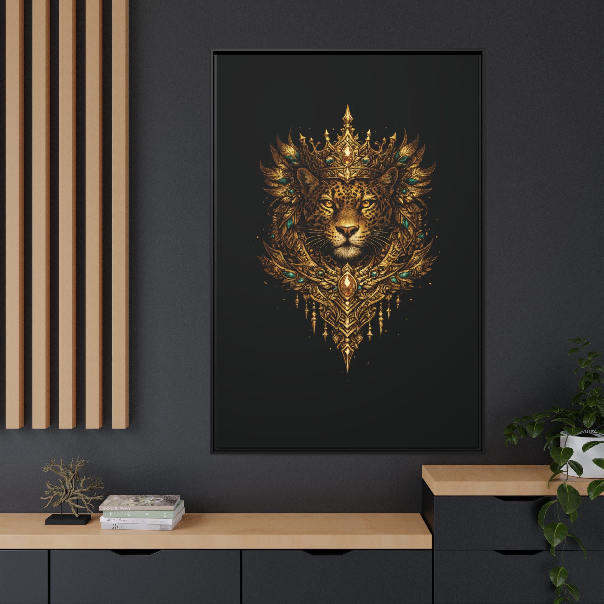 Golden Crowned Jaguar Canvas Art — Gold Crowned Lion Matte Framed Print
