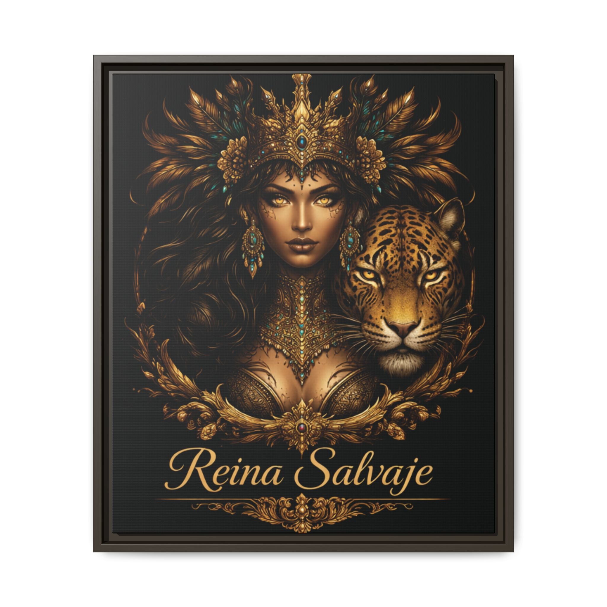 Reina Salvaje Matte Framed Canvas Art — Golden Goddess & Tiger Wall Decor