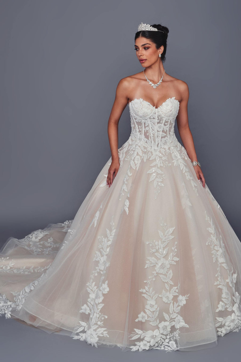 Deklaire Bridal 524 Strapless Sweetheart Lace Ballgown Wedding Dress with Chapel Train
