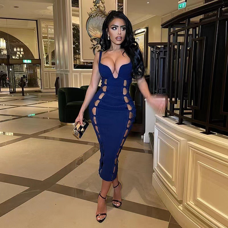 Low-Cut Cutout Bandage Midi Dress