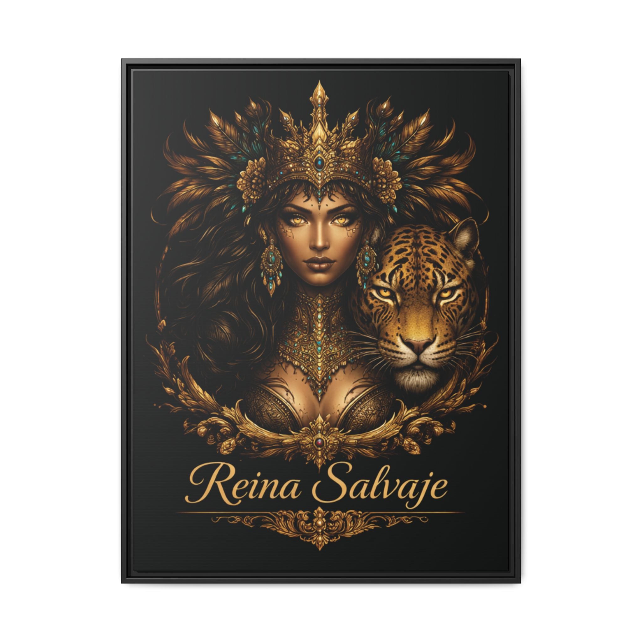 Reina Salvaje Matte Framed Canvas Art — Golden Goddess & Tiger Wall Decor