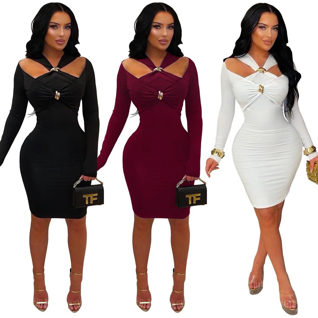 Chic Off-Shoulder Fitted Bodycon Solid Color Dress for Women