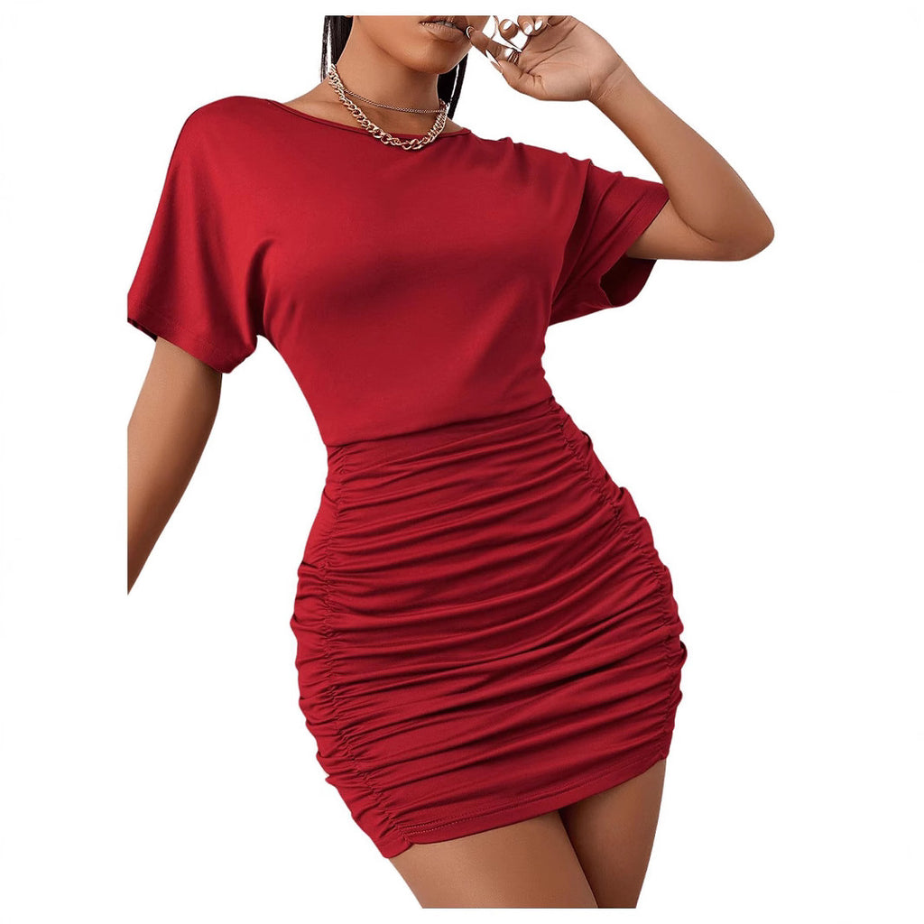 Sleeve Elegant Short Fitted Bodycon Dress with Ruched Waistline