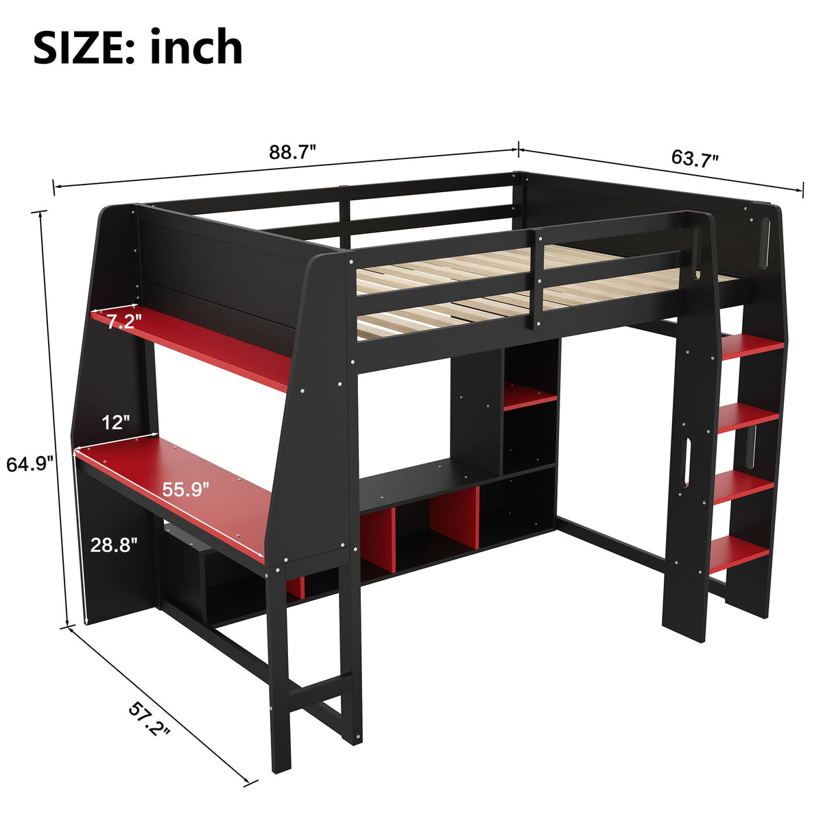 Gaming Loft Bed with Desk and Storage Shelves – LED Lighting – Black or Dark Gray