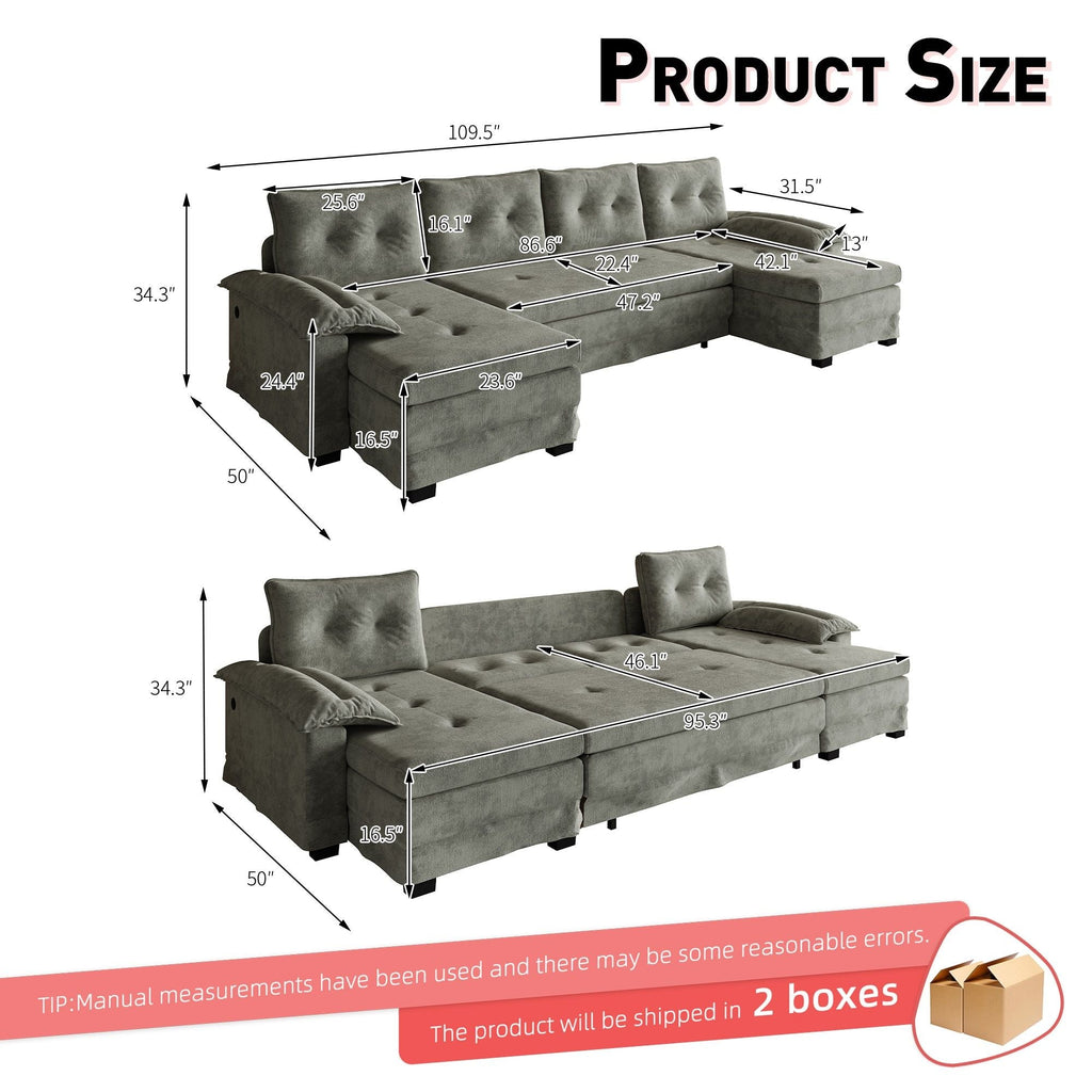 U-Shaped Sleeper Sectional with Pull Out Bed and USB Ports - Fabric
