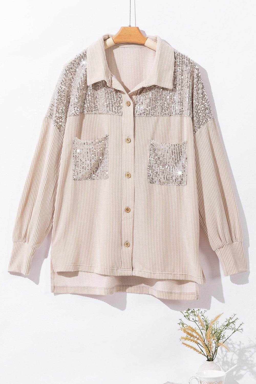 Sequin Button Up Dropped Shoulder Jacket for Women