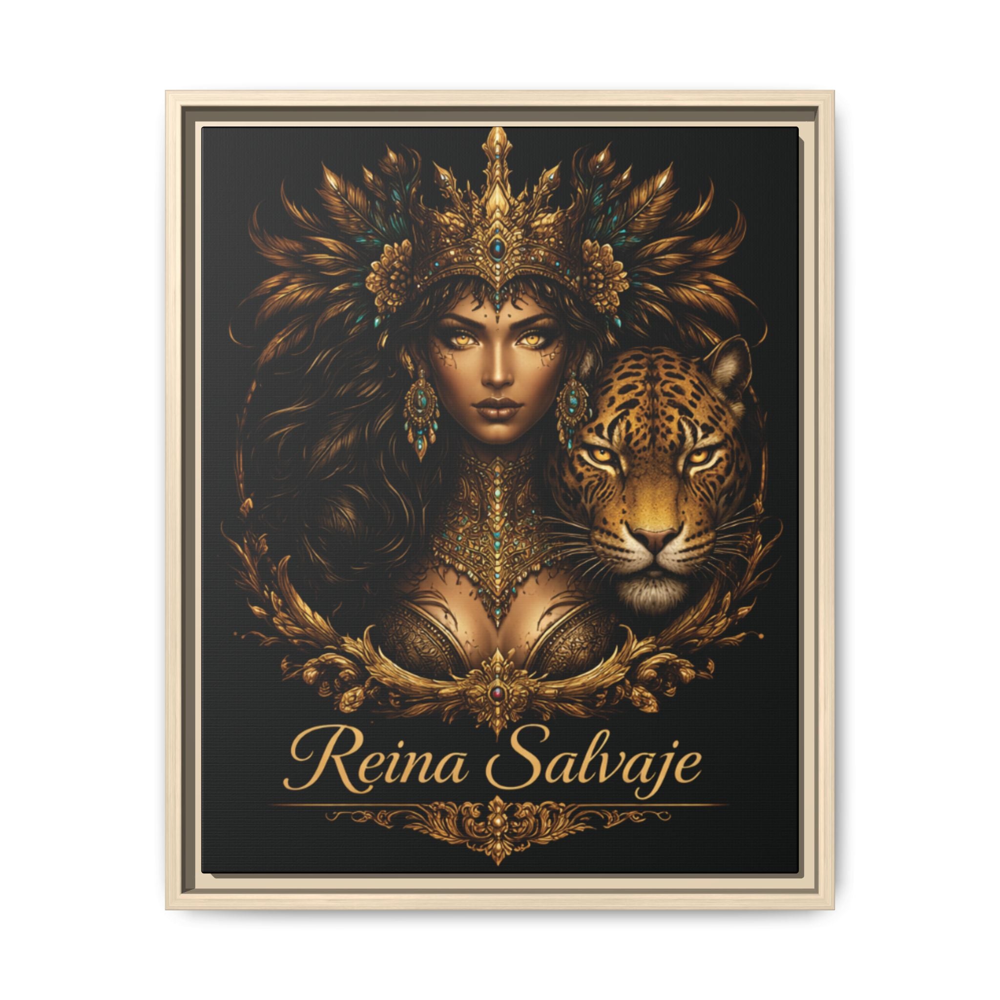 Reina Salvaje Matte Framed Canvas Art — Golden Goddess & Tiger Wall Decor