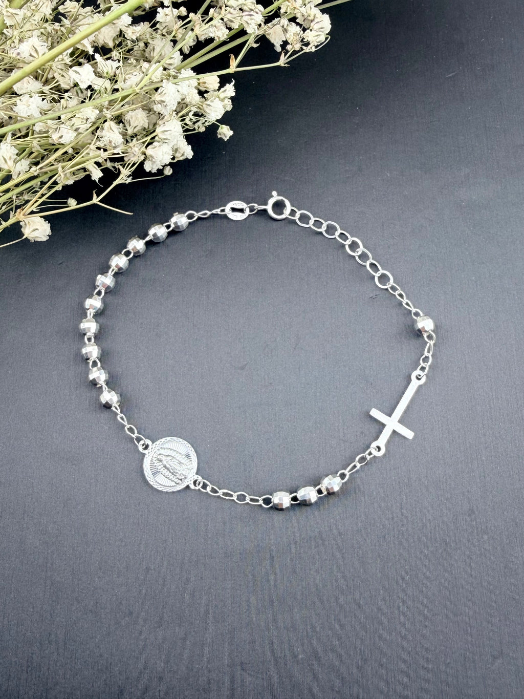 Rosary Bracelet with Cross — Sterling Silver 925