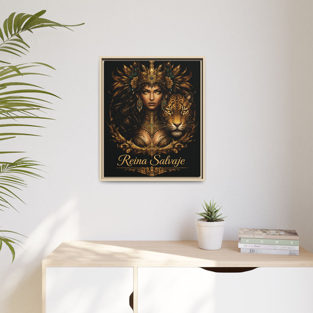 Reina Salvaje Matte Framed Canvas Art — Golden Goddess & Tiger Wall Decor