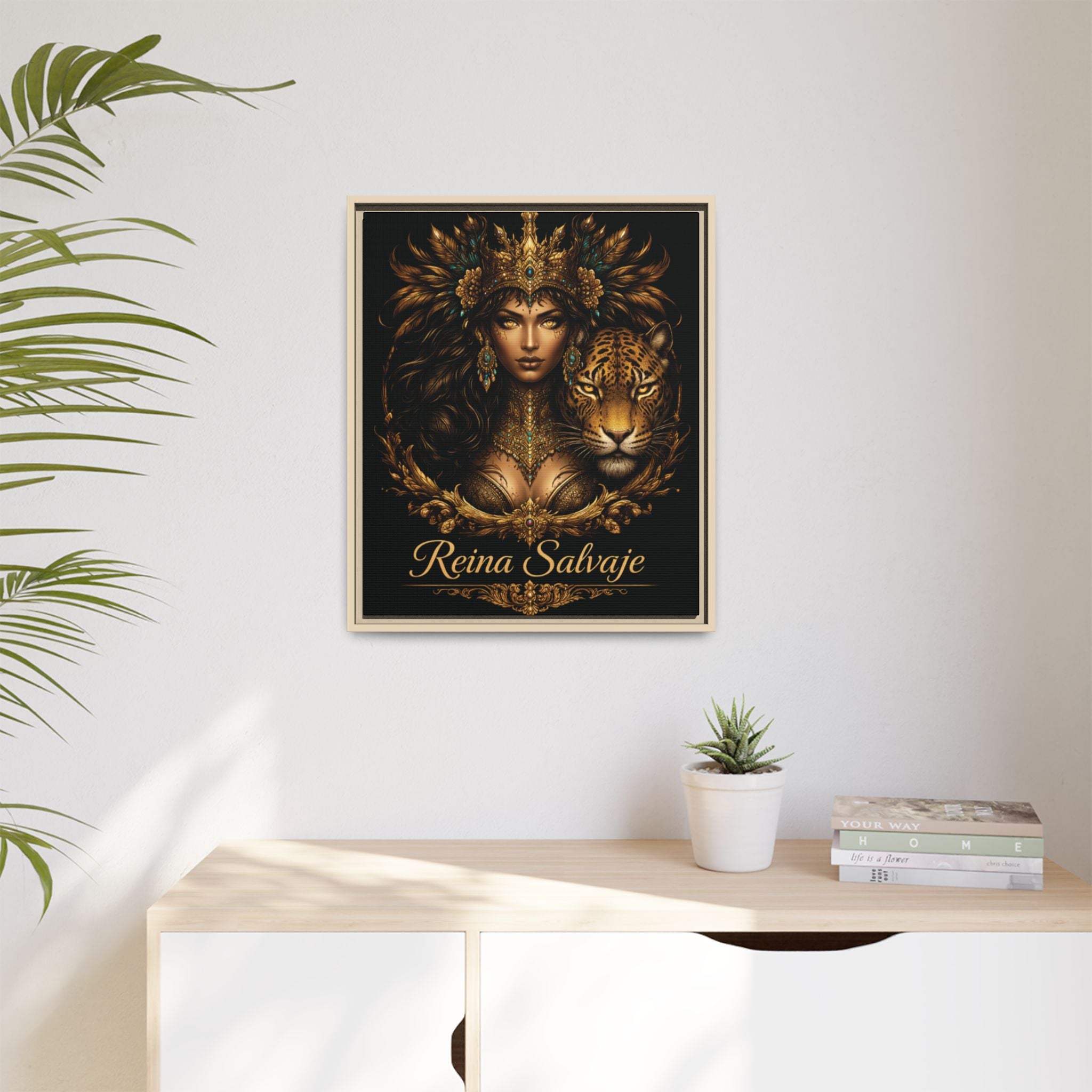 Reina Salvaje Matte Framed Canvas Art — Golden Goddess & Tiger Wall Decor