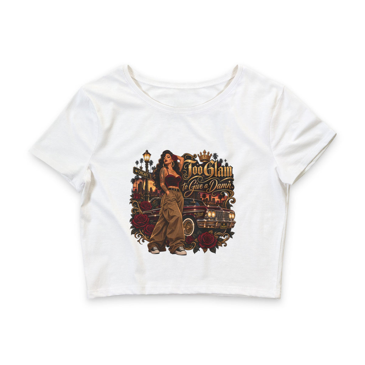 Chola Lux – Too Glam to Give a Damn |Women’s Poly-Cotton Crop Tee