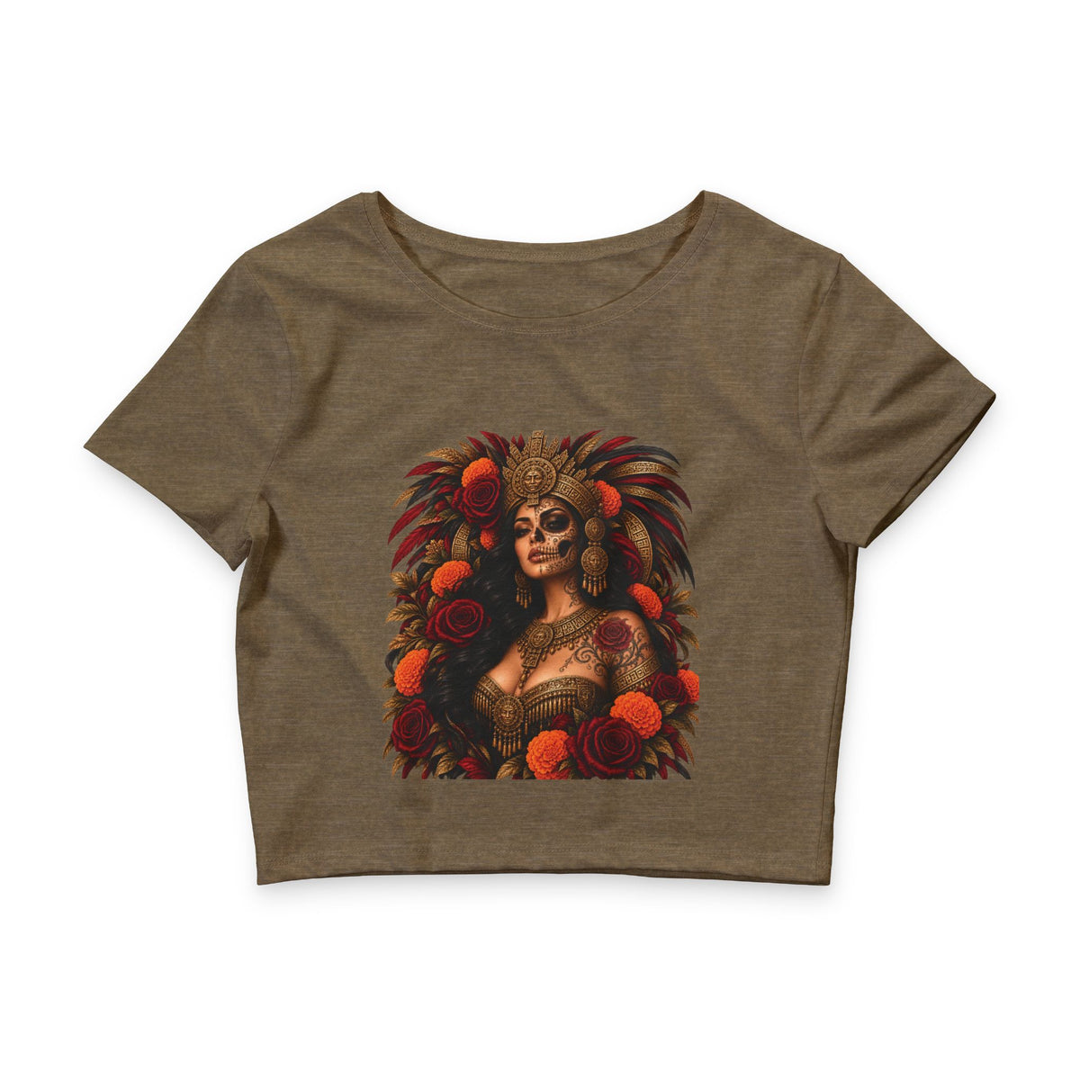 Reina Azteca: Entre Rosas y Cempasúchil | Women’s Poly-Cotton Crop Tee