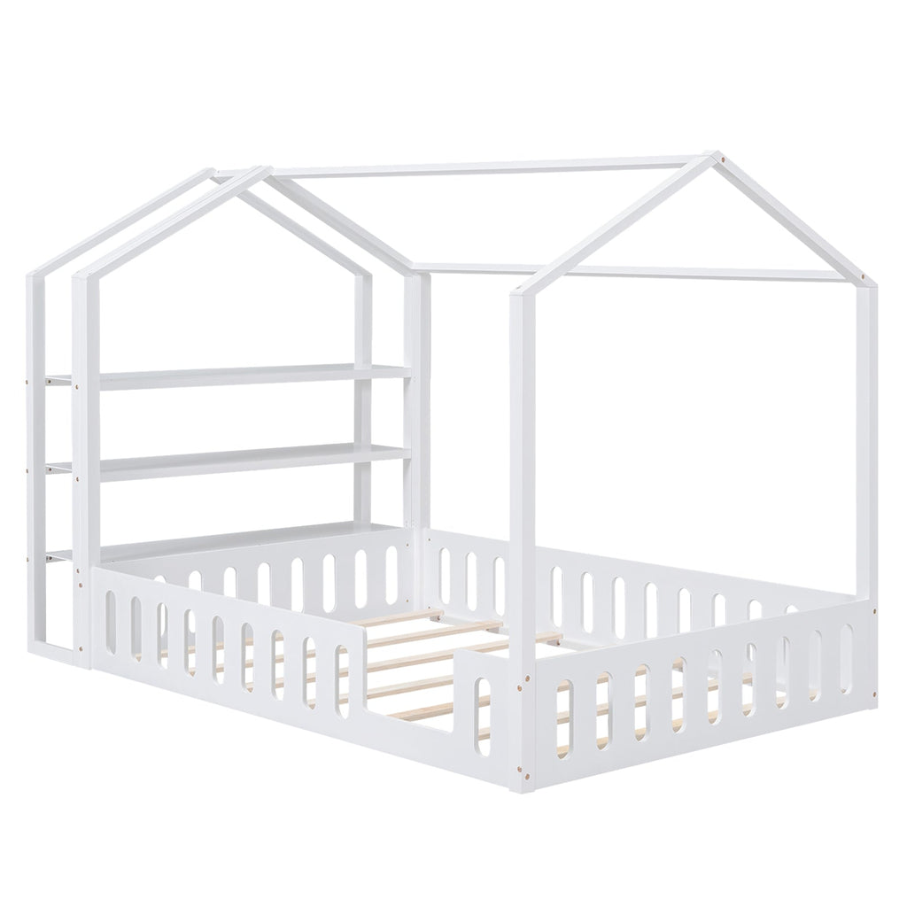 Full Size Wood House Bed with Fence and Detachable Storage Shelves, White