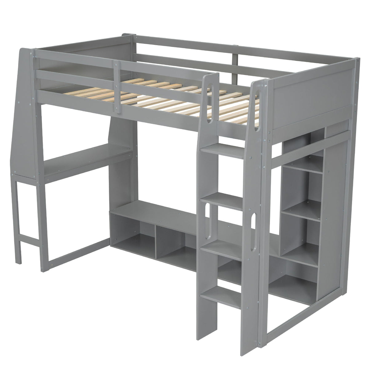 Gaming Loft Bed with Desk and Storage Shelves – LED Lighting – Black or Dark Gray