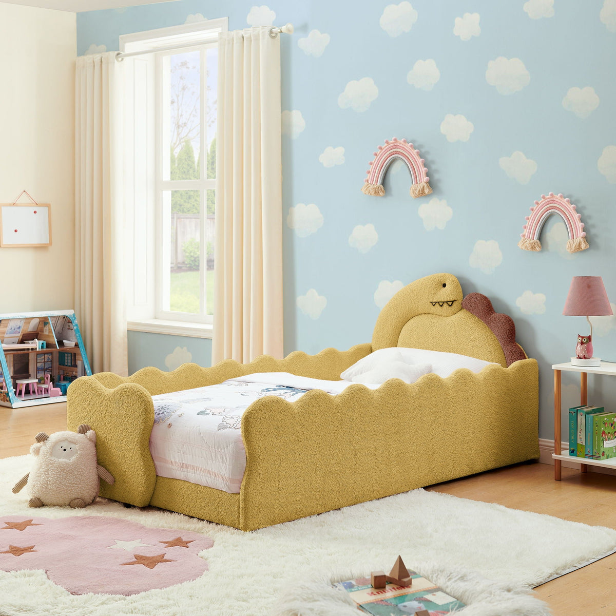 Dinosaur Shaped Toddler Bed with Safety Guardrail - Twin Upholstered Bed