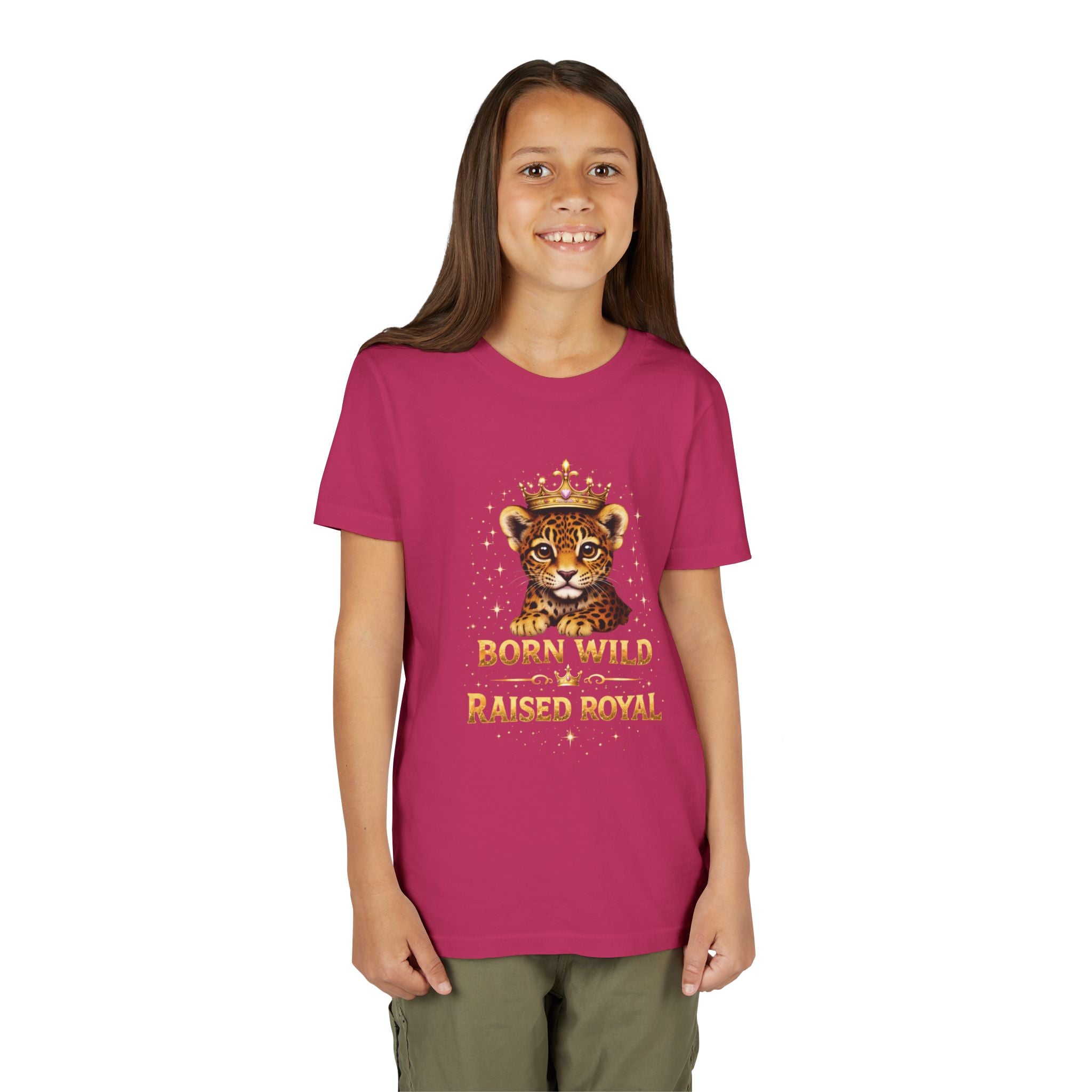 Youth Tee — "Born Wild Raised Royal" Crowned Jaguar Cub Kids T-Shirt