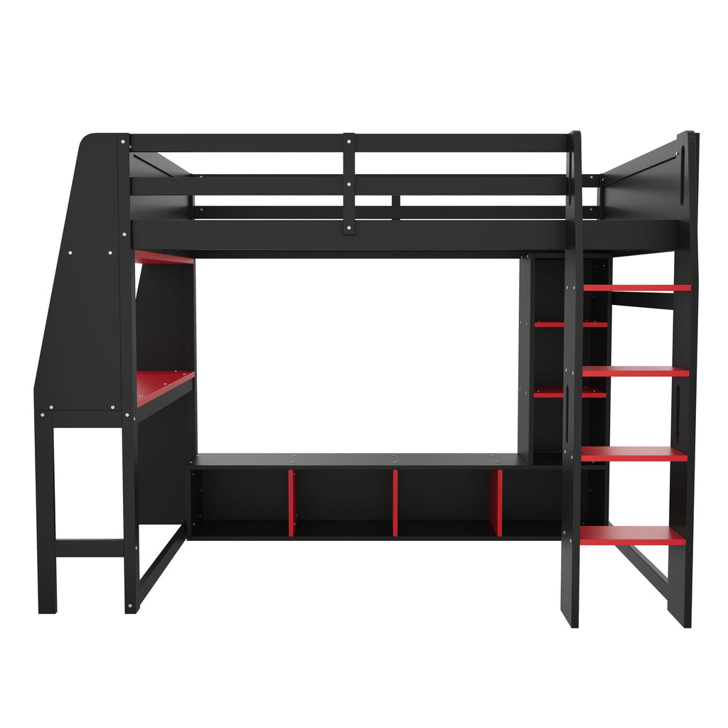 Gaming Loft Bed with Desk and Storage Shelves – LED Lighting – Black or Dark Gray