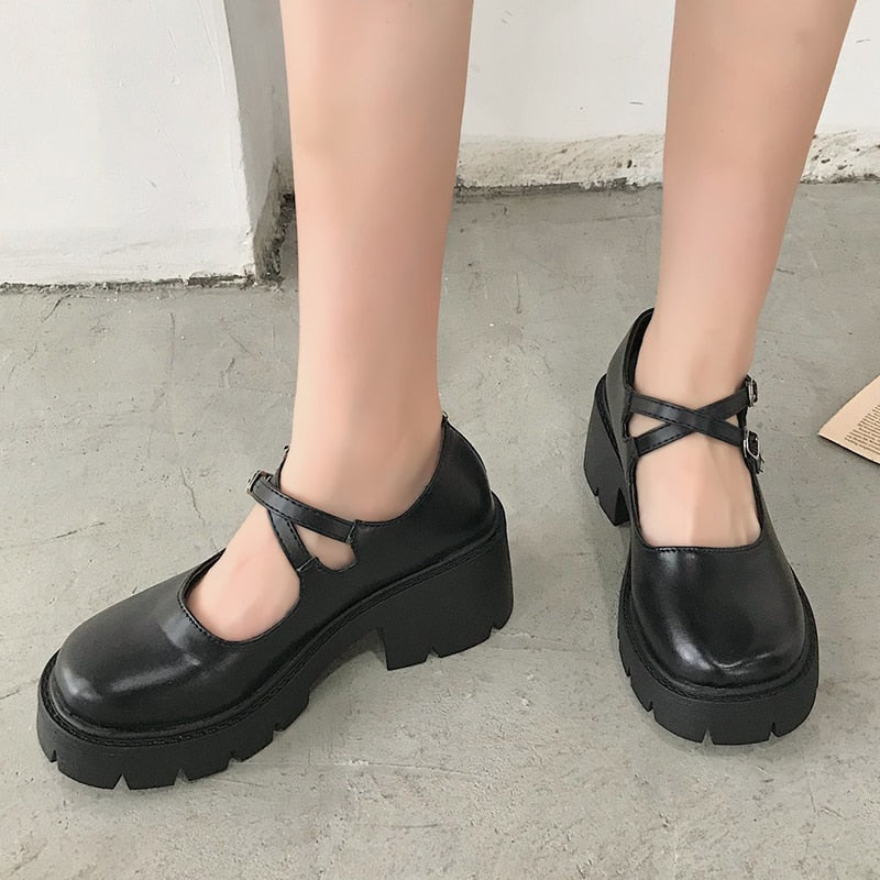 Rimocy Black Patent Platform Mary Jane Heels