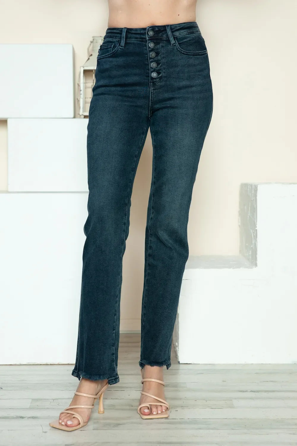 Judy Blue Full Size Button Fly Raw Hem Straight Jeans