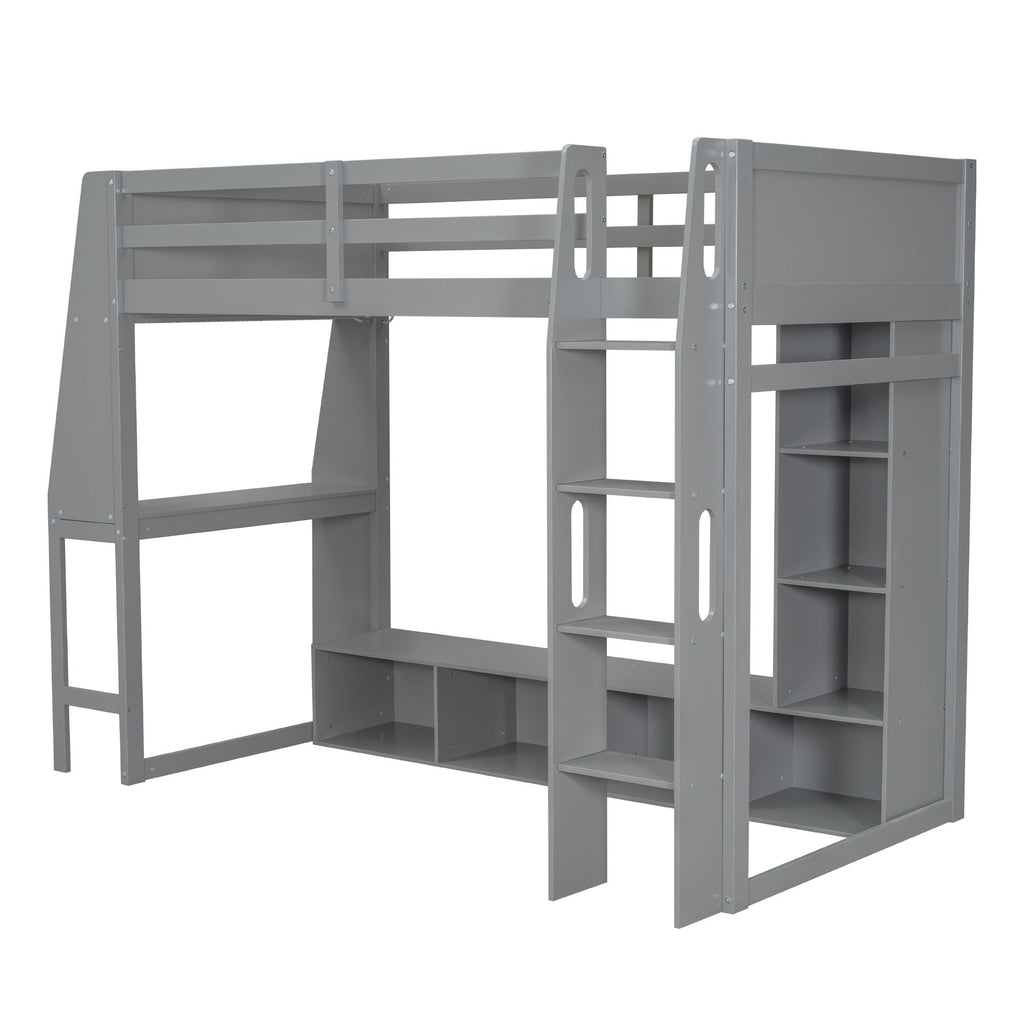 Gaming Loft Bed with Desk and Storage Shelves – LED Lighting – Black or Dark Gray