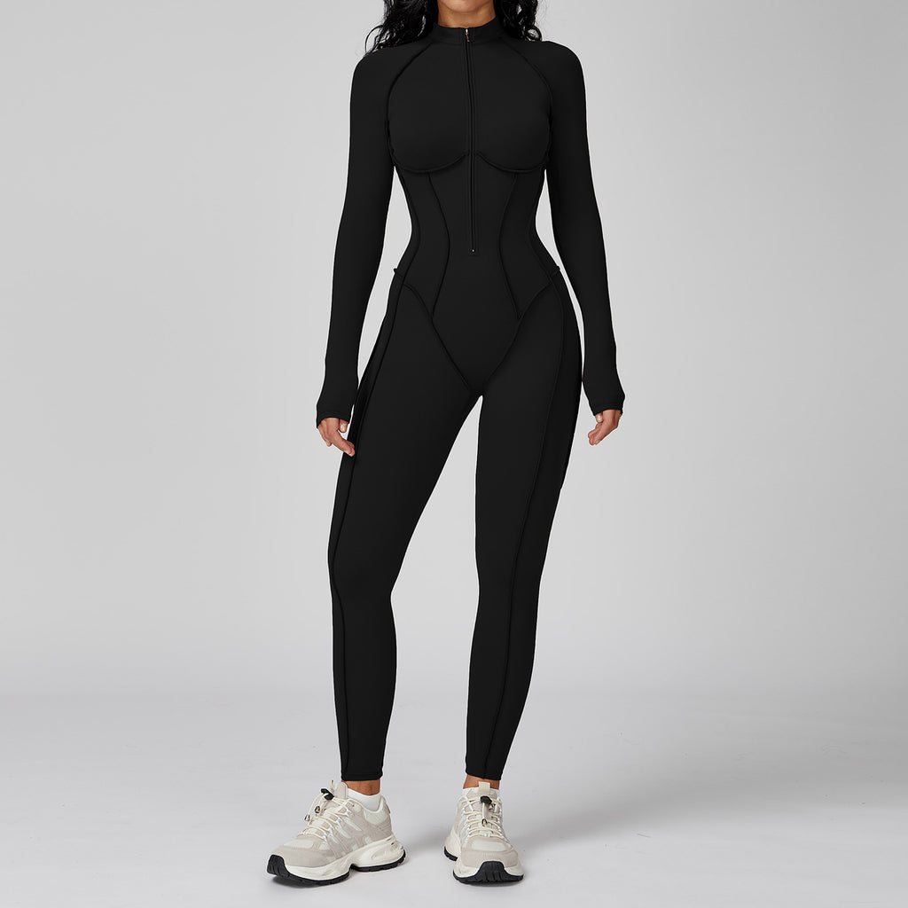 Colorblock Half-Zip Fitness Jumpsuit